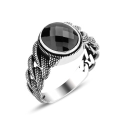 BLACK OVAL STONE SILVER MEN'S RING - 1