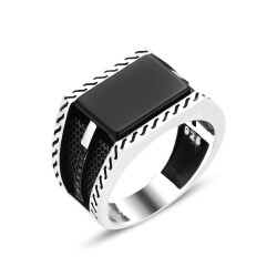 BLACK RECTANGULAR STONE SILVER MEN'S RING - 1