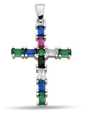 MULTICOLORED BAGUETTE STONE CROSS PENDANT - 1