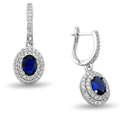 DARK BLUE OVAL HANGING ZIRCON EARRINGS - 1