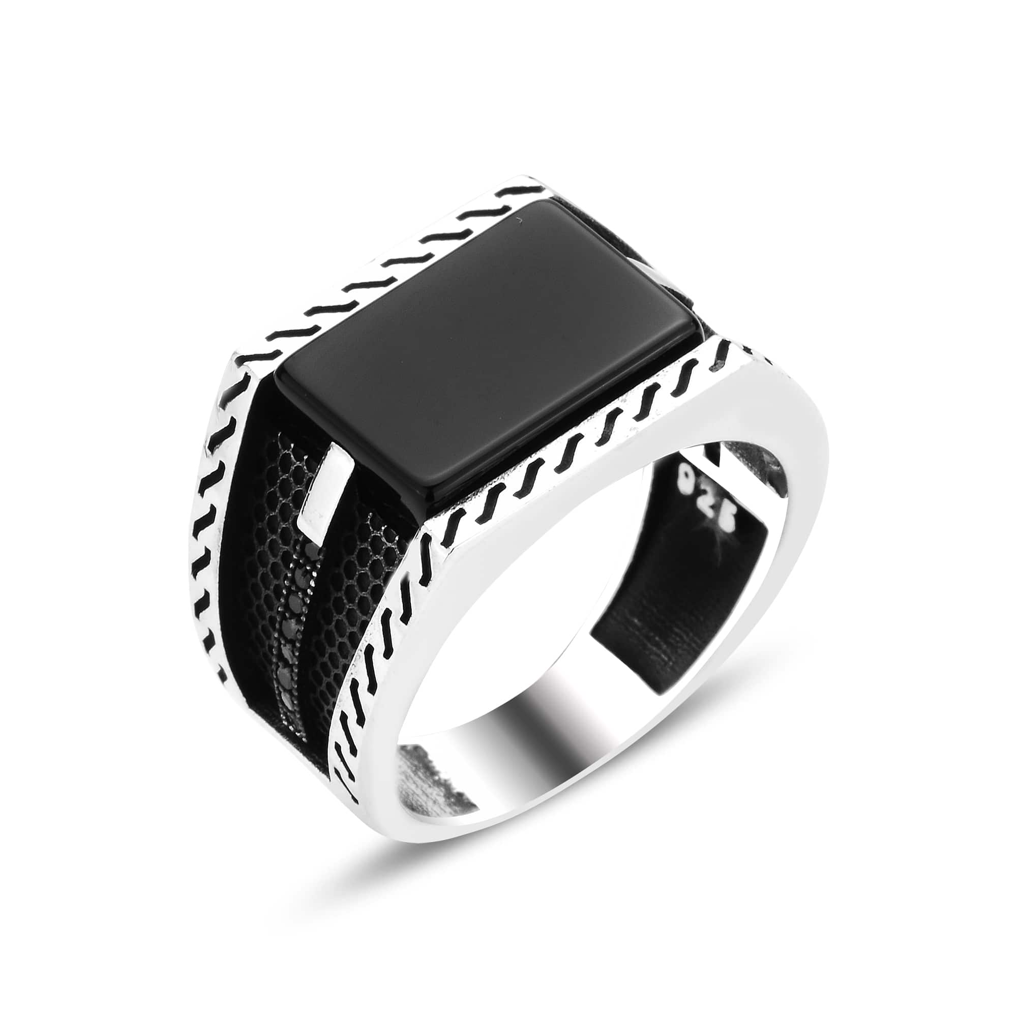 BLACK RECTANGULAR STONE SILVER MEN'S RING