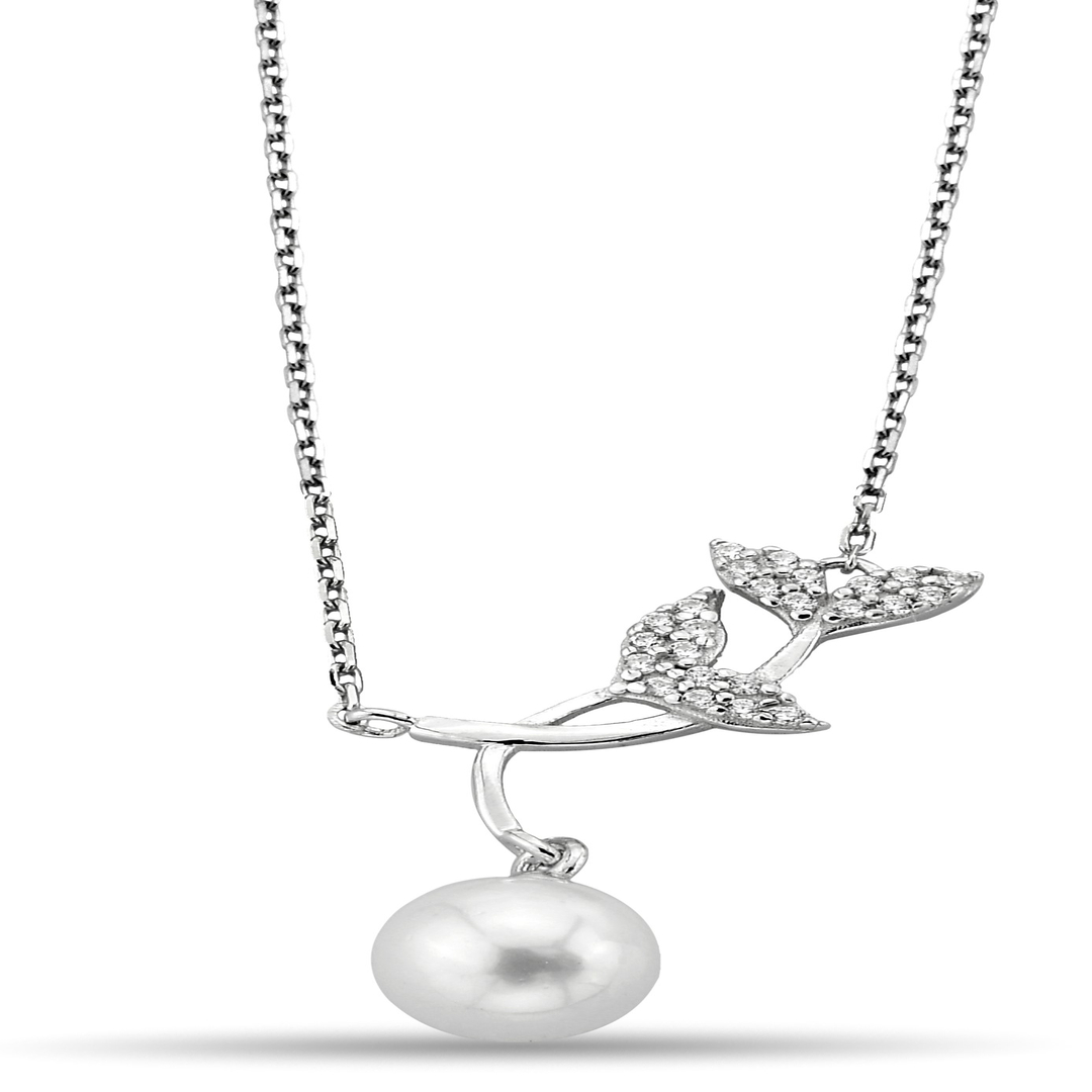 PEARL AND FLOWER FIGURE ZIRCON NECKLACE