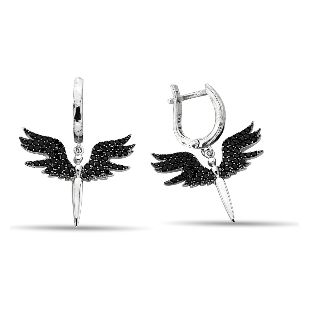 BLACK STONE ANGEL FIGURE ZIRCON EARRINGS