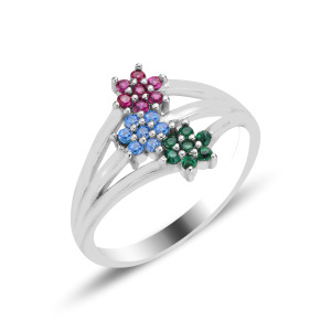 MULTICOLOR ZIRCON FLOWER SILVER RING