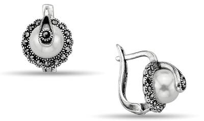 PEARL STONE MARCASITE EARRINGS - 1